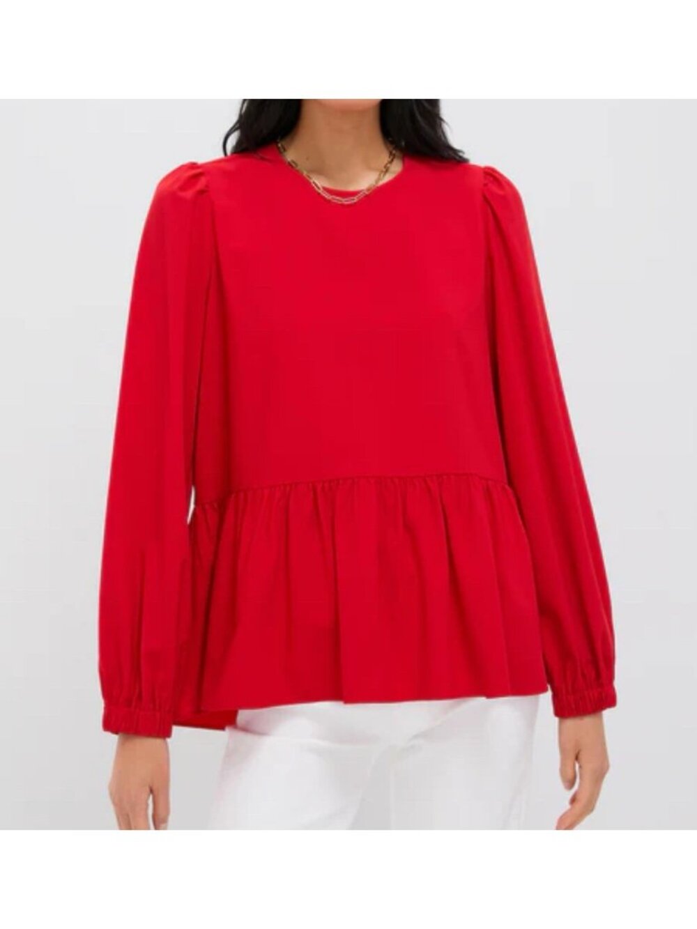 Pomander Place Carlota Peplum Blouse Size L Red Long Sleeve Ruched Flowy Keyhole